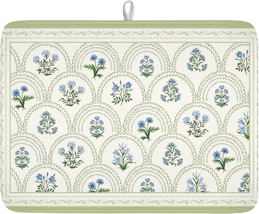Blue Floral Print Green Stripe Dish Drying Mat 18x24 Inch | Rustic，Polyester，Absorbent Microfiber，for Kitchen Coffee Dining Bar Decor
