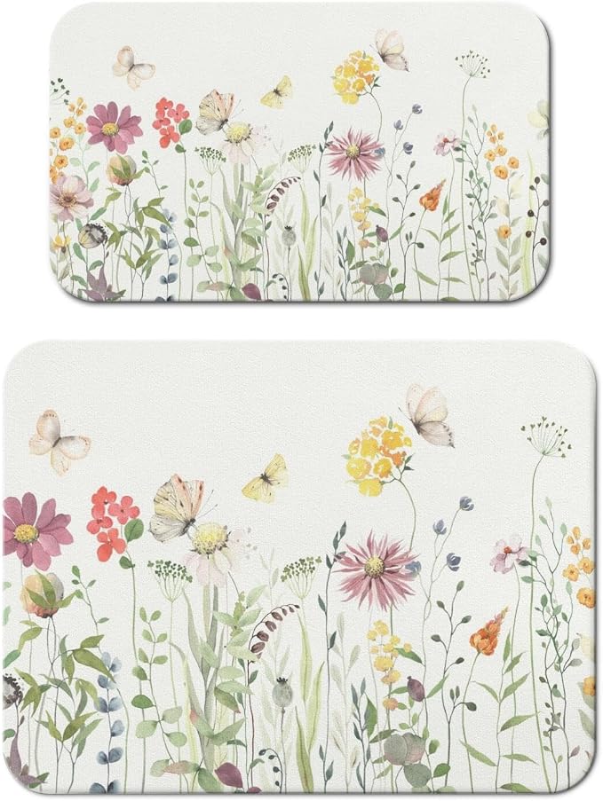 Dish Drying Mat 2-Pack with Floral for Kitchen Counter Absorbent Dishes | Diatom Mud Mats (18x24, 19.5x12"). Non-slip rubber back for kitchen counter, coffee bar & sink scenes