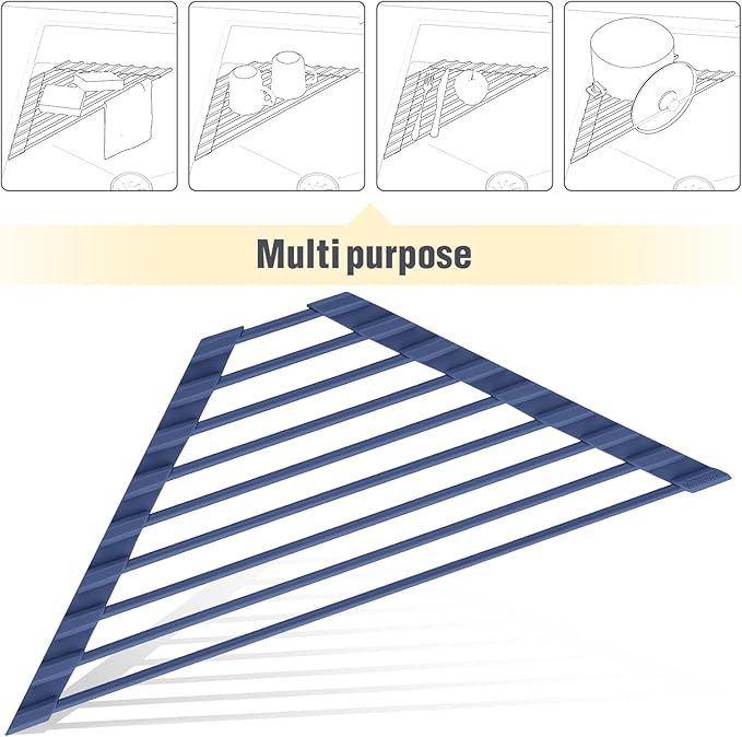 Tomorotec Compact Silicone-Coated Triangle Dish Drying Rack for Sink Corner - Foldable Stainless Steel Over-The-Sink Organizer and Storage Shelf (Dark Blue)