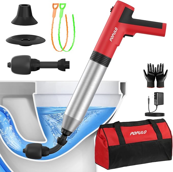 POPULO Electric Toilet Plunger, Air Powered Toilet Clog Remover, Heavy Duty Power Plunger, High Pressure Drain Unclogger for Household Toilets, Electric Drain Clog Remover with Built-in Air Pump
