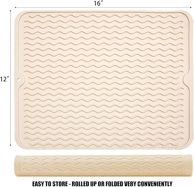 Silicone Dish Drying Mat for Multiple Usage, Easy clean, Eco-friendly, Heat-resistant Dish Drainer Mat for Kitchen Counter,Sink,Refrigerator or Drawer liner (16" x 12", BEIGE)