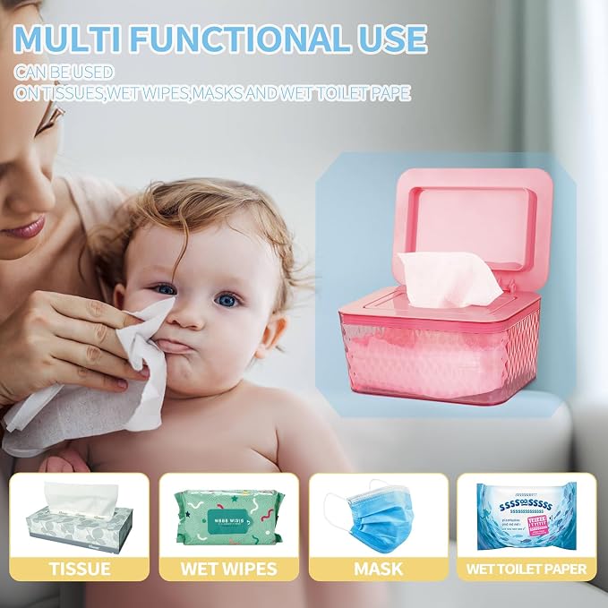 Wipes Dispenser, One-Handed Operation Wipe Holder for Baby & Adult, Seal-Designed Wipes Container for Bathroom Keep Diaper Wipes Fresh (2 Pack Pink)
