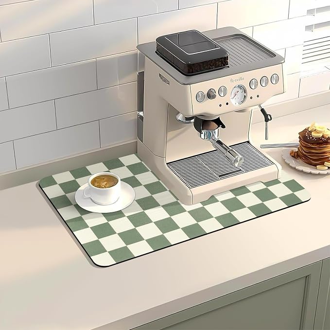 Dish Drying Mat for Kitchen Counter,11.8"x 18.9" Super Absorbent Kitchen Dish Drying Pad, Coffee Bar Mat with Rubber Backed, Coffee Bar Accessories for Countertop,Green Checkered