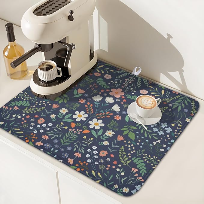 Floral Dish Drying Mat for Kitchen Counter Rustic Flower Leaves Print Microfiber Dish Drainer Mat Farmhouse Floral Absorbent Washable Drying Pad 16"x18"