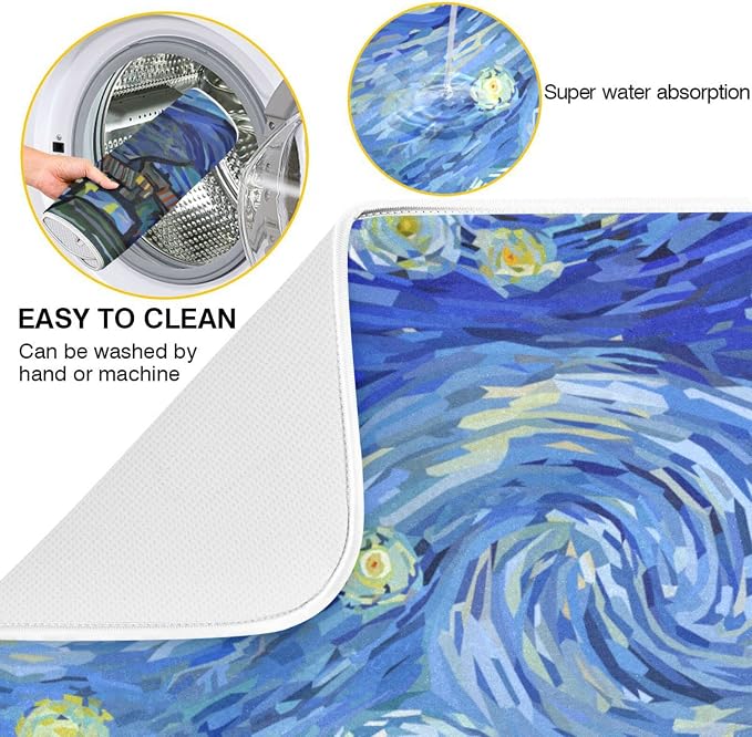 Absorbent Dish Drying Mat for Kitchen Counter - Van Gogh's Starry Sky Blue Microfiber Drying Pad, Reversible Drainer Mats for Countertop, Lager 18 x 24 inch
