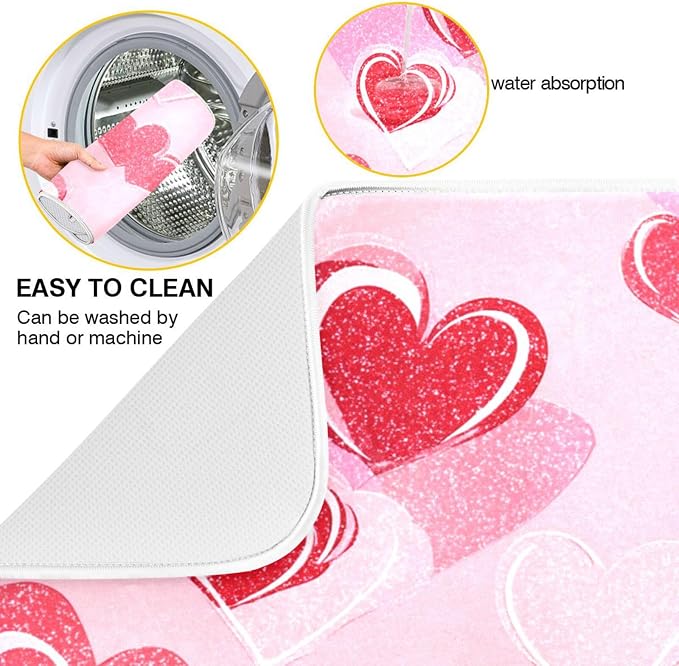 Happy Valentines Day Hearts Dish Drying Mat 16 X 18 Inch Stars Romantic Red Pink Glitter Love Heart Dry Dishes Pads Drainer Mats Tableware Protector for Home Kitchen Countertops Counter Decorations