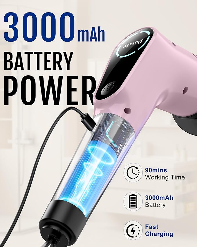 Dovety Electric Spin Scrubber, Shower Scrubber, Power Cleaner Tools with 8 Replaceable Brush Heads, Cleaning Brush with Extension Handle, 2 Adjustable Speeds, 90Mins Work Time for Home Bathtub-Pink