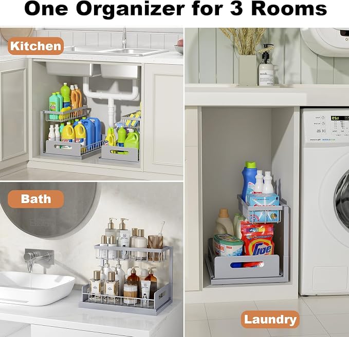 REALINN Under Sink Organizer, Pull Out Cabinet Organizer 2 Tier Slide Out Sink Shelf Cabinet Storage Shelves, Storage for Kitchen Bathroom, Grey, 1 Pack