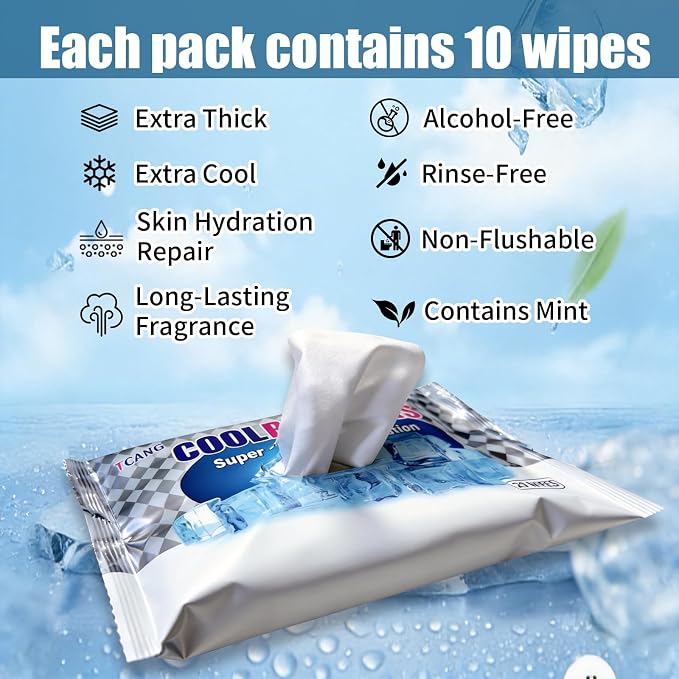 Cooling Face Body Wipes - 20 Packs of 10 (200 Wipes) - Disposable Individually Wrapped No-Rinse Cooling Towels, Extra-Thick Oversized Body Cleansing Wipes for Sports, Travel, Camping in Hot Weather