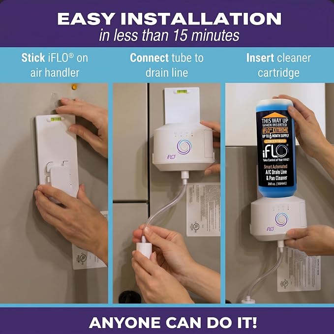 iFLO® Smart A/C Drain Line and Drain Pan Cleaner for HVAC System, Clog-Free, Easy Installation & App-Controlled Air Conditioner Maintenance, Includes 36oz Cleaner Cartridge Concentrate, 6 Month Supply