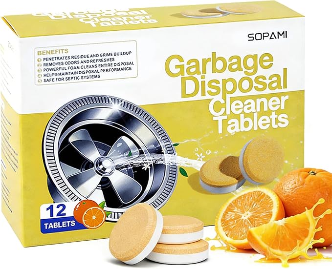 SOPAMI Garbage Disposal Cleaner Deodorizer Tablets 12 Pack 1 Year Supply | Powerful XL Foaming Sink Garburator Disposer Freshener, Natural Kitchen Drain Cleaning Care with Fresh Citrus Scent