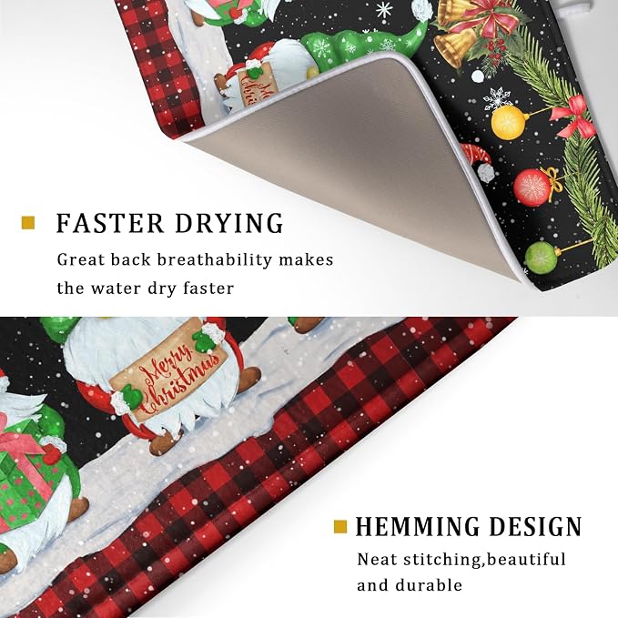 Merry Christmas Dish Drying Mat Black Gnomes Dish Drainer Mats 18x24 Inch Holiday Decorative Absorbent Dishes Pad for Kitchen Counter Sink