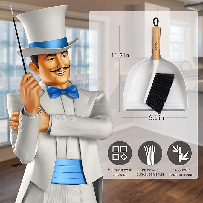 MR.SIGA Dustpan and Brush Set, Bamboo Handle, White, 1 Set | Handheld brush and dustpan combo with hanging loop, small broom and dustpan set