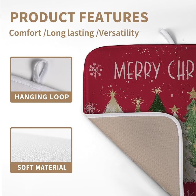 Merry Christmas Dish Drying Mat for Kitchen Counter 16x18 Inch Red Xmas Tree Snowflakes Drying Pad Winter Holiday Absorbent Microfiber Dish Draining Reversible Dish Drainer Rack Mat
