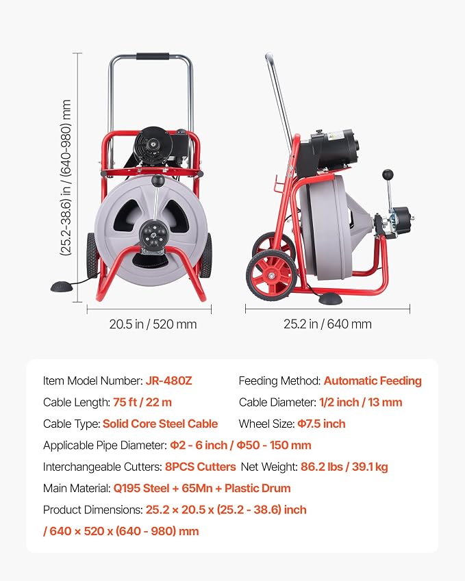 VEVOR Drain Cleaner Machine 75 FT x 1/2 Inch, Auto Feed Sewer Snake Drain Auger on Wheels, Portable Drain Cleaning Machine with 8 Cutters & Air-Activated Foot Switch for 2" to 6" Pipes