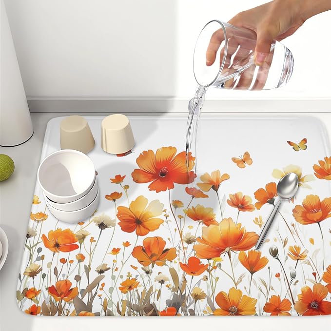 Fall Dish Drying Mat for Kitchen Counter 18 x 24 Inch Autumn Orange Floral Dish Drainer Mat Absorbent Microfiber Thanksgiving Harvest Dish Rack Pad for Coffee Dining Decor