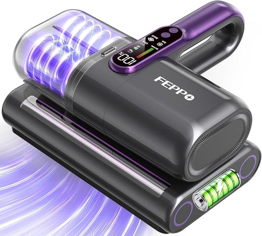 FEPPO Cordless Mattress Vacuum Cleaner, 18Kpa Bed Vacuum with 253.7nm UV-C Light, Ultrasonic, Dust Sensor & LED Display, 52800 BPM Handheld Vacuums for Bed, Sofa, Couch, Crib