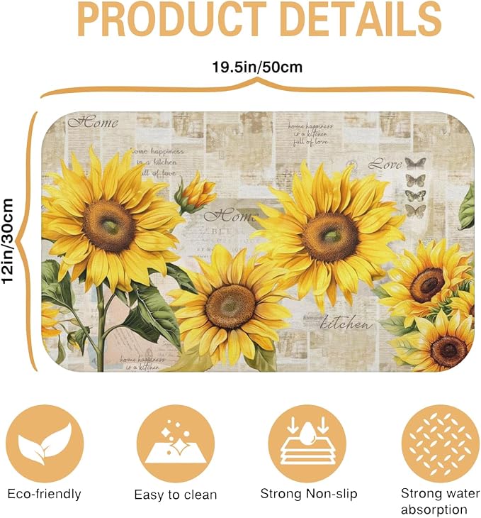 Sunflower Kitchen Countertop Dish Drying Mat,Super Absorbent Coffee Bar Mat for Maker Espresso Machine, Anti-Slip Accessories for Kitchen Countertops 19x12 Inch