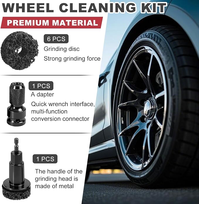 Wheel Hub Resurfacing Kit Wheel Stud and Hub Cleaner for Quick Rust Removal on Lug Studs and Brake Rotors,Includes 7 Cleaning Pads and,Fits 1/2” Wrenches or Electric Drills,Maintenance Tool for Cars