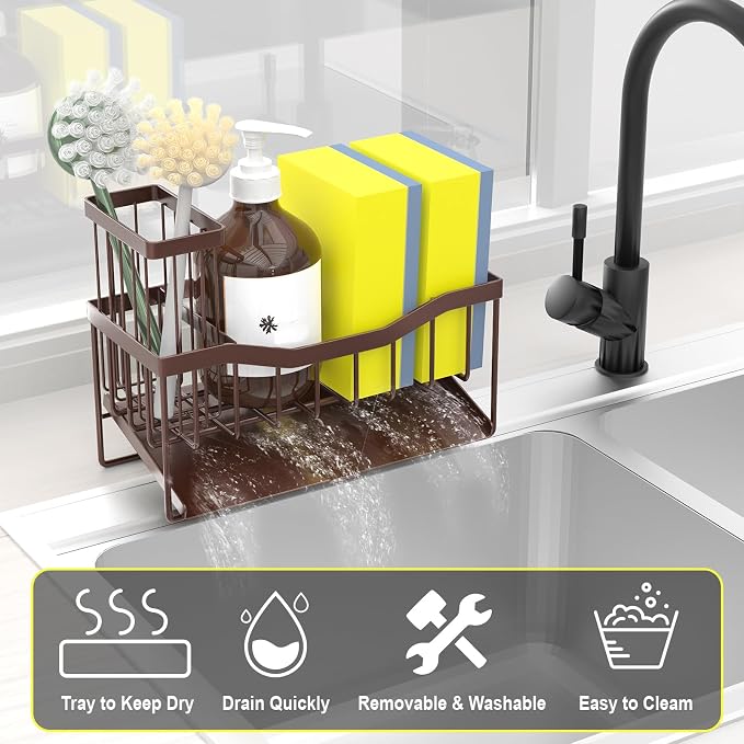 Fssvcd Maifan Sink Caddy Sponge Holder for Kitchen with Brush Holder and Stainless Steel Self Drain Tray, Rustproof Kitchen Sink Organizer for Sponge, Soap Dispenser Storage Accessories