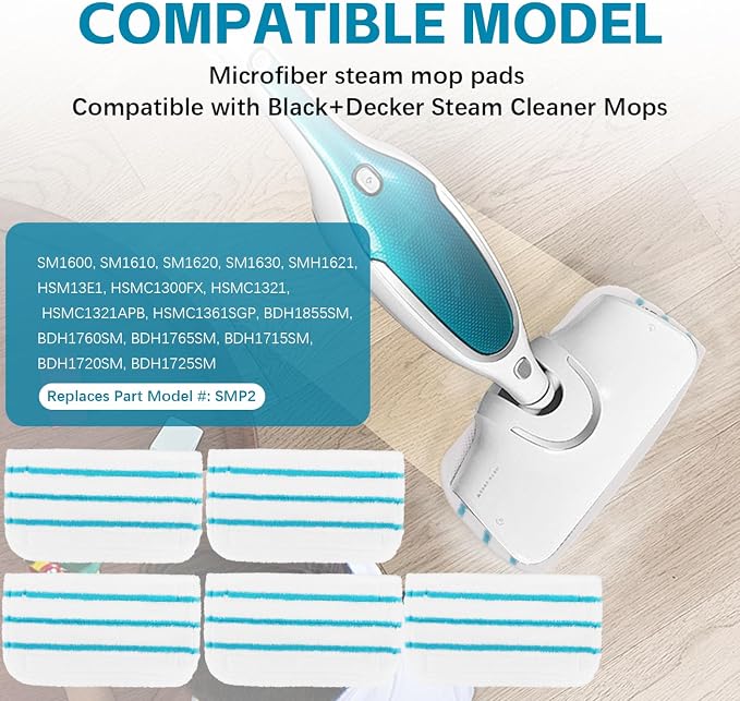 Steam Mop Pads Compatible with Black+Decker Steam Mop SM1600, SM1610, SM1620, HSM13E1, HSMC1300FX, HSMC1321, HSMC1361SG SMP20 - Washable Pads Replacement for Floor Cleaning - 5Pack