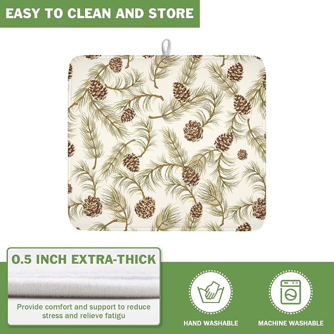 Winter Pine Cone Dish Drying Mat for Kitchen Counter Christmas Pinecone Pine Tree Branches Dish Drainer Mat Xmas Holiday Rustic Absorbent Washable Drying Pad 16"x18"