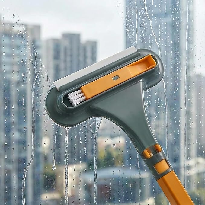 3 in 1 Window Squeegee for Home, 2-Way Brush Window Cleaning Tool with TPR Soft Rubber Squeegee for Cleaning Screens, Glass & Window Tracks