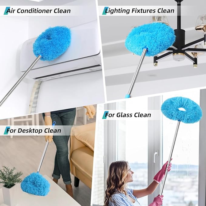 DRQ Ceiling Fan Cleaner Duster, 2 Pack Reusable Microfiber Duster with Extension Pole, 13 to 48 Inch Fan Blade Cleaner, Removable Dusters for Cleaning Walls Bookshelves Door Window Top (Blue)