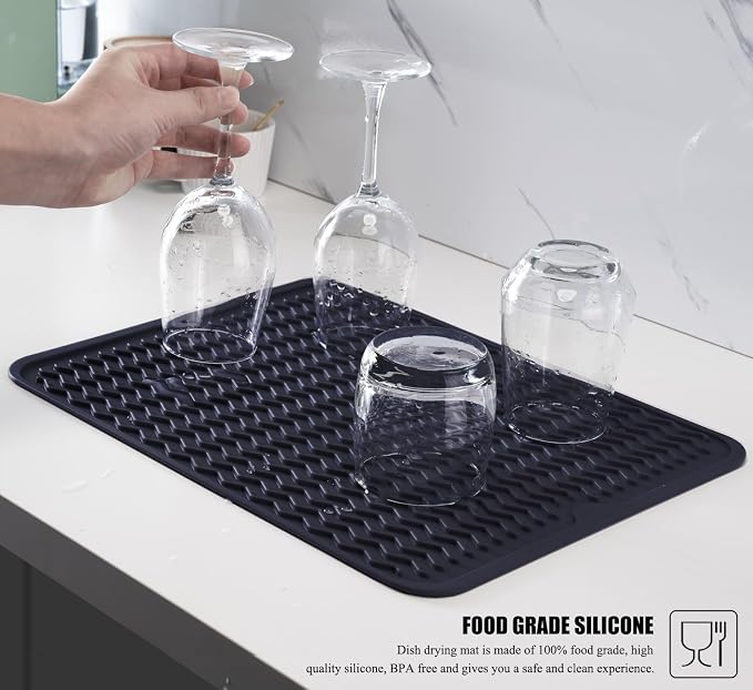 Large 14" x 11" Silicone Dish Drying Mat for Kitchen Counter, Easy clean, Quick Dry, Heat-resistant Dish Drainer Mat for Sink,Refrigerator or Drawer liner (Food Grade Silicone-Dark Blue)