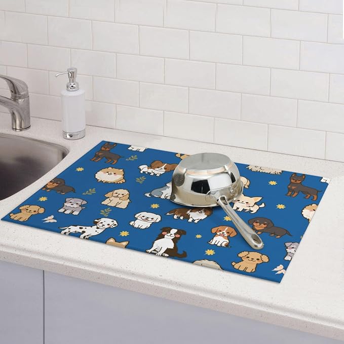 Cute Puppy Dog Dish Drying Mat 18 x 24 Inch for Kitchen Counter Cute Kitchen Mat Microfiber Kitchen Countertop Absorbent Reversible Drainer Rack Pad Dish Drying Mat