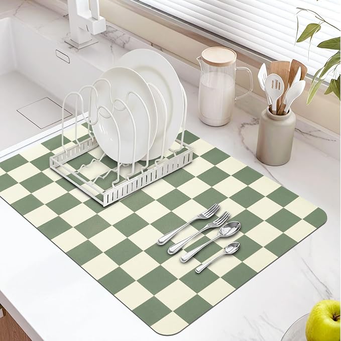 Dish Mat Drying Kitchen Mat, ,16"x 24" Super Absorbent Kitchen Dish Drying Pad for Countertop, Easy to Clean Drainer Mats with Non-slip Rubber Backed for Kitchen Counter,Green Checkered