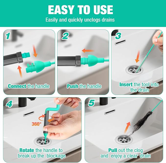 Bathroom Drain Hair Remover Tool with Rotating Handle, Reinforced Steel Core Drain Snake Cleaner for Shower, Bathtub and Bathroom Sink, Flexible Hair Clog Removal Tool for Narrow Drains(6PCS)
