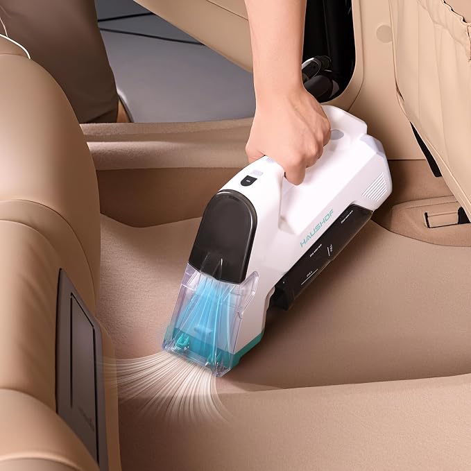 HAUSHOF 12V Cordless Handheld Carpet Cleaner, 6.5KPa Suction | 2 Water Tanks, Type-C Charging, Spot & Stain Cleaner, Portable Design for Carpet, Upholstery, Stairs & Car