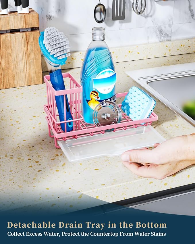 Consumest Sponge Holder for Kitchen Sink - Kitchen Sink Caddy Organizer with Removable Drip Tray for Countertop Dish Soap Dispenser Brush Storage Accessories 304 Stainless Steel, Pink