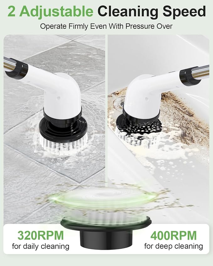 Cordless Electric Spin Scrubber, 9 Brush Heads, 2-Speed Motor | Floor cleaning, bathroom scrubber, tile floor scrubber, extension arm, IPX7 waterproof, tub, sink, grout, wet- dry vacuum