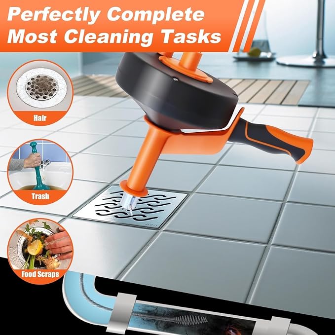 Drain Auger 33ft Drain Clog Remover with Drill Adapter, Flexible Plumbing Snake for Kitchen, Bathroom & Shower, Manual or Drill Powered (33ft Drain Auger + Tool Kit)