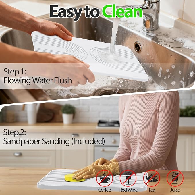 2 PCS Stone Dish Drying Mat ＆ Silicone Mat for Kitchen Counter – Diatomaceous Earth Bath Mat for Bathroom, 16.14"L×12.4"W×2 Quick Dry Mats for Dishes ,Bottles, Cups, Match Any Countertop(White)