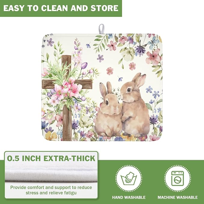Easter Bunny Dish Drying Mat 16 x 18 Inch Rabbit Dish Drainer Rack Mat Colorful Floral Mat Absorbent Microfiber for Holiday Kitchen Coffee Dining Bar Decor