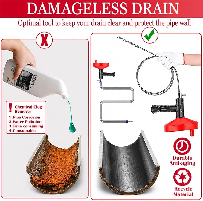 Drain Snake Auger, 33 Feet Plumbing Snake Drain Hair Clog Removal Tool, Heavy Duty Snake Auger, Sink Unclogger Drain Cleaner Tool for Bathroom Kitchen Tub Shower Drain Clog Remover with Gloves, Red