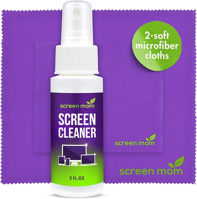 Screen Mom Screen Cleaner Spray 2oz Bottle for TV, Car, Laptop & Computer | Streak-Free Formula, Glass & OLED Safe, Alcohol and Ammonia Free Formula, Includes 2 Microfiber Cloths, Travel-Friendly Size