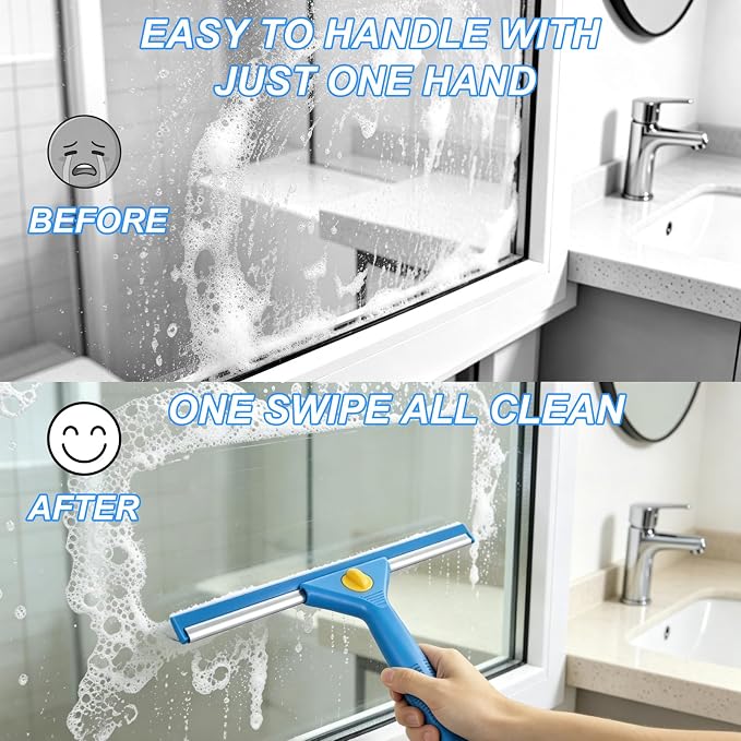 120“Professional Squeegee Window Cleaning Kit with Extension Pole | Streak-Free Silicone Blade,Smooth & Quiet Glide,for Shower Glass Door,Enclosure Cleaning,High Windows