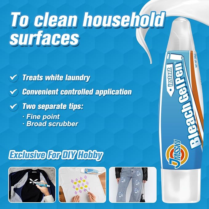 Bleach Pen for Clothes & Grout, 4 in 1 Dual-Tip Stain Remover Gel Pen with Precision Tip & Brush Head, Portable Travel-Size Cleaner for White Laundry, Bathroom Tile Lines, Mold & Mildew, Lemon Scent
