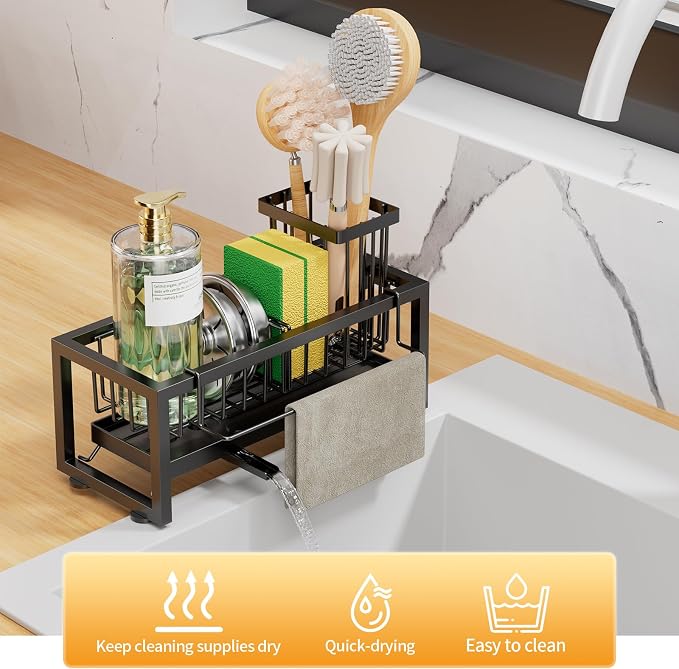 Sponge Holder for Kitchen Sink, 304 Stainless Steel Sink Caddy with Tall Brush Holder & Self-Draining Tray, 3-Compartment Countertop Organizer for Dish Soap Dispenser, Sponge, Scrubber, Black