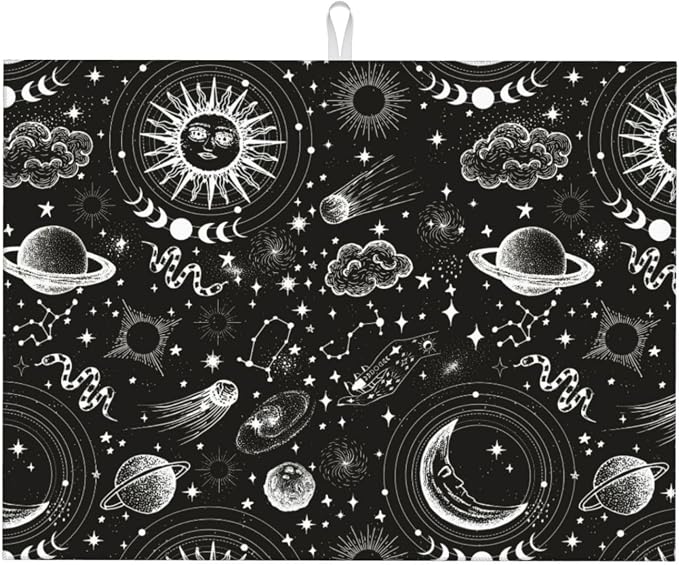 Sun And Moon Dish Drying Mat 18 x 24 Inch for Kitchen Counter Cute Kitchen Mat Microfiber Kitchen Countertop Absorbent Reversible Drainer Rack Pad Dish Drying Mat