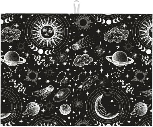 Sun And Moon Dish Drying Mat 18 x 24 Inch for Kitchen Counter Cute Kitchen Mat Microfiber Kitchen Countertop Absorbent Reversible Drainer Rack Pad Dish Drying Mat