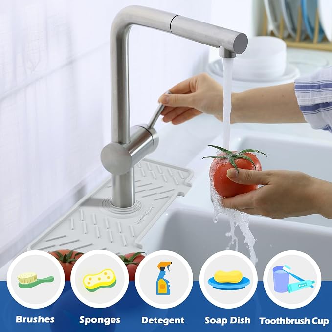 Silicone Faucet Mat for Kitchen Sink – Gen 3 10° Slope Splash Guard with Cuttable Hole – 14” x 5.5” Drip Catcher & Sponge Holder for Kitchen, Bathroom (White)