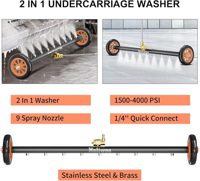 Undercarriage Pressure Washer Attachment 30 inch, Water Broom 4000 PSI | Heliwoo Dual Function Power Washer Surface Cleaner with 9 Nozzles & 3pcs 1/4’’ QC Extension Wand for Chassis Driveway Yard