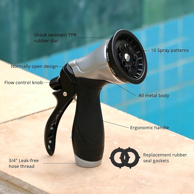 QUOBAS Metal Garden Hose Nozzle, Heavy Duty Water Hose Sprayer, Leak Proof | 10 Pattern Water Nozzle with Rubber Gasket, Garden Sprayer for Watering Plants, Washing Cars, Pet Shower, Black