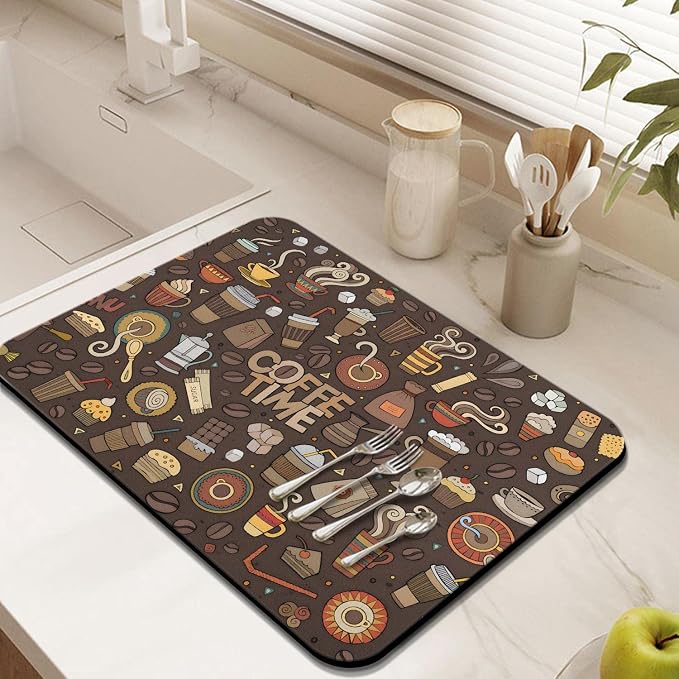 Coffee Bar Mat Accessories for Countertop Super Absorbent Anti-Slip Silicone Dish Drying Mats Kitchen Counter Draining Pad Decor Gift Fit Maker Pot Espresso Machine 24inx18in, (DS)