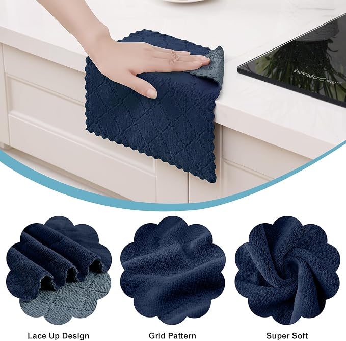 Homaxy 12 Pack Kitchen Cloths Dish Towels (10" x 10", Dark Grey & Navy Blue), Super Soft and Absorbent Dish Cloths, Coral Velvet Microfiber Cleaning Cloth, Nonstick Oil Fast Dry Dishcloths